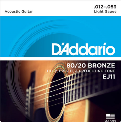 D'Addario 80/20 Bronze, Light, 12-53 Acoustic Guitar Strings - EJ11 - Poppa's Music 