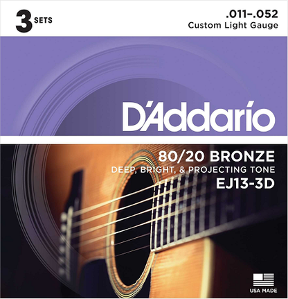 D'Addario 80/20 Bronze, Custom Light, 11-52 Acoustic Guitar Strings - EJ13 3-PACK - Poppa's Music 