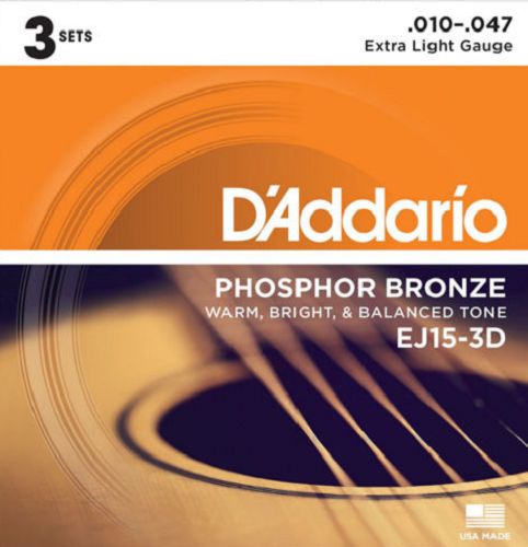 D'addario Phosphor Bronze, Extra Light, 10-47 Acoustic Guitar Strings (3-Sets) EJ15-3D - Poppa's Music