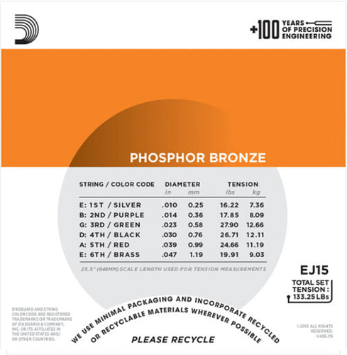 D'addario Phosphor Bronze, Extra Light, 10-47 Acoustic Guitar Strings - EJ15 - Poppa's Music 