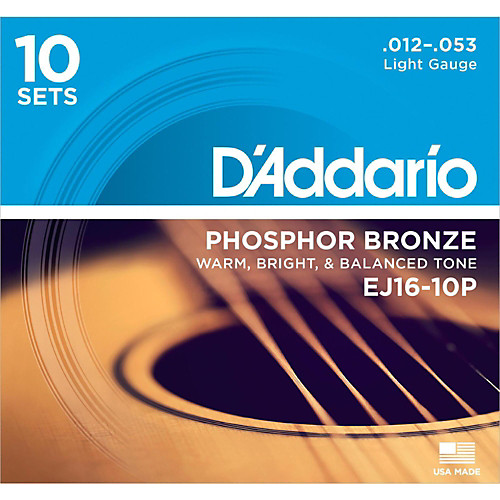 D'addario Phosphor Bronze, Light, 12-53 Acoustic Guitar Strings (10-Sets) EJ16-10P - Poppa's Music 