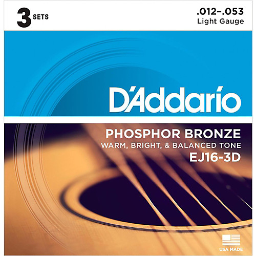 D'Addario Phosphor Bronze, Light, 12-53 Acoustic Guitar Strings (3-Sets) EJ16-3D - Poppa's Music 