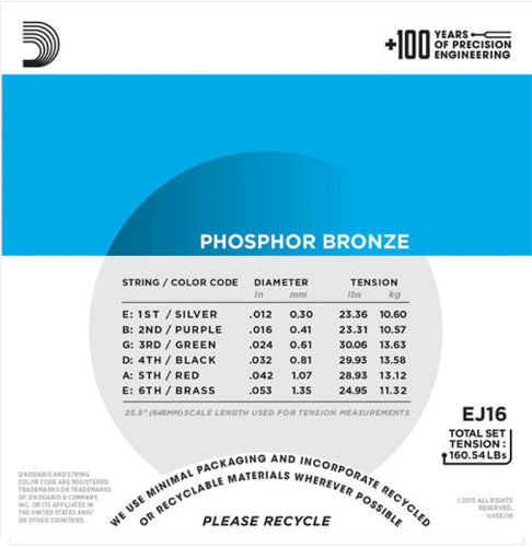 D'addario Phosphor Bronze, Light, 12-53 Acoustic Guitar Strings (10-Sets) EJ16-10P - Poppa's Music 