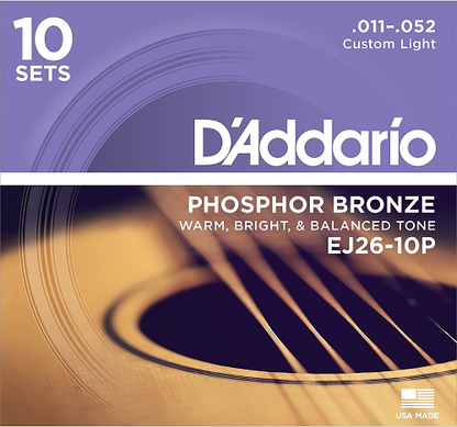 D'addario Phospher Bronze, Custom Light, 11-52 Acoustic Guitar Strings ( 10-Sets) EJ26-10P - Poppa's Music 