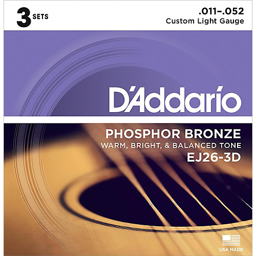 D'addario Phospher Bronze, Custom Light, 11-52 Acoustic Guitar Strings (3 Sets) EJ26-3D - Poppa's Music 