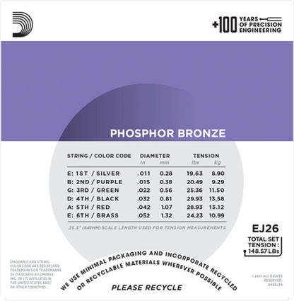 D'addario Phospher Bronze, Custom Light, 11-52 Acoustic Guitar Strings ( 10-Sets) EJ26-10P - Poppa's Music 