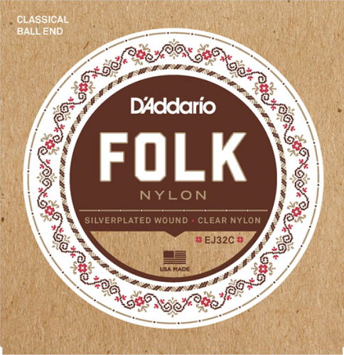 D'addario Folk Nylon, Ball END, Silver Wound/CLEAR Nylon Trebles Classical Guitar Strings - Poppa's Music