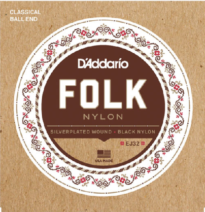 D'addario Folk Nylon Ball End Silver Wound Black Nylon Trebles Classical Guitar Strings - Poppa's Music 