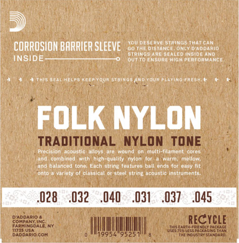 D'addario Folk Nylon, Ball END, 80/20 Bronze / Clear Nylon Trebles Classical Guitar Strings - Poppa's Music 