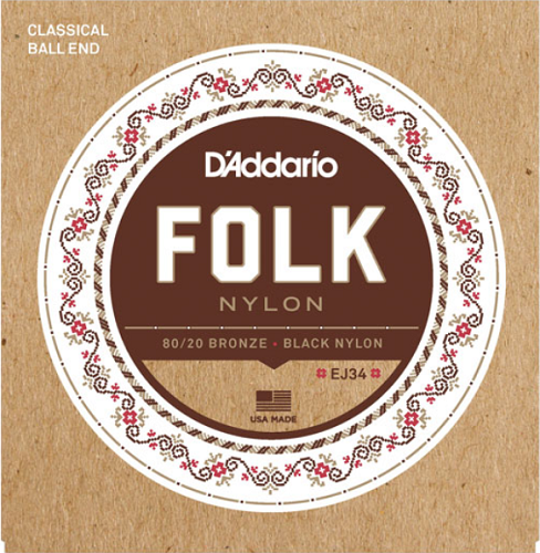 D'addario Folk Nylon, Ball END, 80/20 Bronze / Black Nylon Trebles Classical Guitar Strings - Poppa's Music