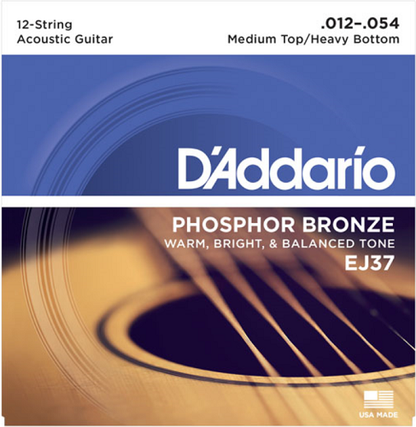 D'addario Phosphor Bronze, 12-String, Medium Top/Heavy Bottom, 12-54 Acoustic Guitar Strings EJ37 - Poppa's Music 