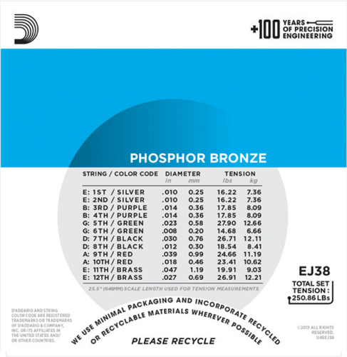 D'addario Phosphor Bronze, 12-String, Light, 10-47 Acoustic Guitar Strings - Poppa's Music 