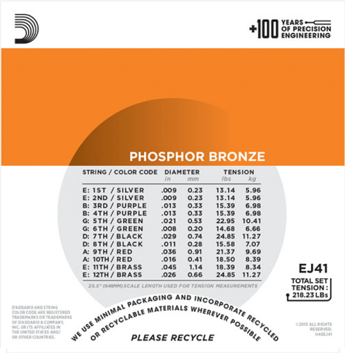 D'addario Phosphor Bronze, 12-String, Extra Light, 9-45 Acoustic Guitar Strings - Poppa's Music 