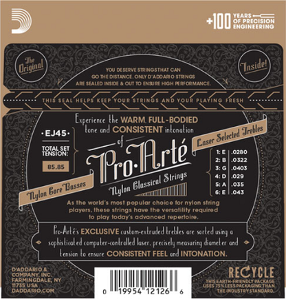 D'addario Pro-Arte Nylon, Normal Tension Classical Guitar Strings - EJ45 - Poppa's Music 