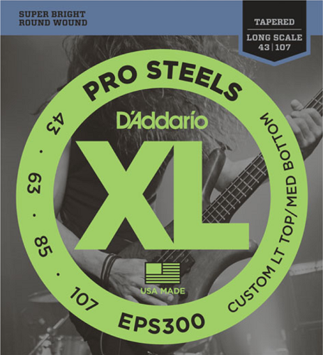 D'addario PROSTEELS, Custom Light Top/Medium Bottom, Tapered Long Scale, 43-107 Bass Guitar Strings - Poppa's Music