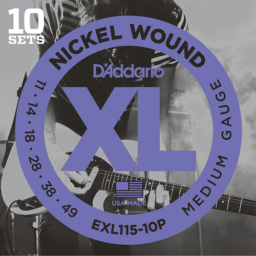 D'Addario Nickel Wound, Medium/Blues-Jazz Rock, 11-49 Electric Guitar Strings (10 Sets) EXL115-10P - Poppa's Music 