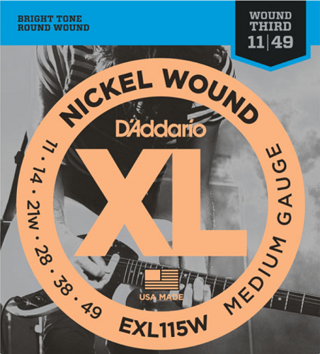 D'Addario Nickel Wound, Medium/Blues-Jazz Rock, Wound 3rd, 11-49 Electric Guitar Strings - EXL115W - Poppa's Music 