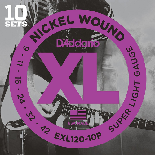 D'Addario Nickel Wound, Super Light, 9-42 Electric Guitar Strings (10 Sets) EXL120-10P - Poppa's Music