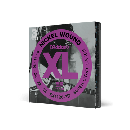 D'Addario Nickel Wound, Super Light, 9-42 Electric Guitar Strings (3 Sets) EXL120-3D - Poppa's Music 