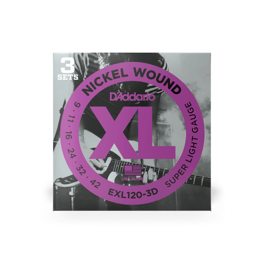 D'Addario Nickel Wound, Super Light, 9-42 Electric Guitar Strings (3 Sets) EXL120-3D - Poppa's Music