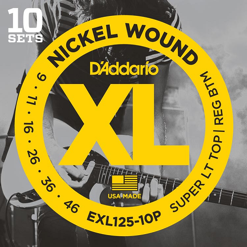 D'Addario Nickel Wound, Super Light Top, Regular Bottom, 9-46 Electric Guitar Strings (10 Sets) EXL125-10P - Poppa's Music 