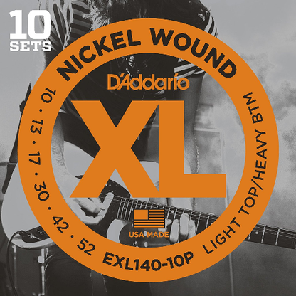 D'Addario Nickel Wound, Light Top/Heavy Bottom, 10-52 Electric Guitar Strings (10 Sets) EXL140-10P - Poppa's Music 