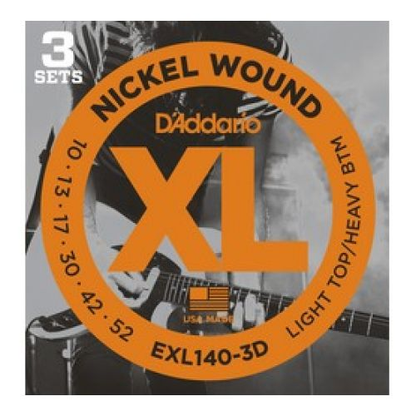 D'Addario Nickel Wound, Light Top/Heavy Bottom, 10-52 Electric Guitar Strings (3 Sets) EXL140-3D - Poppa's Music 