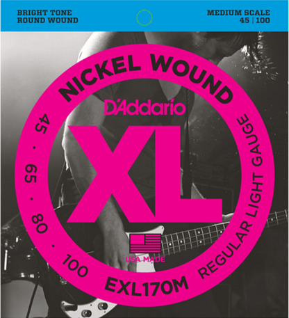 D'addario Nickel Wound, Light, Medium Scale, 45-100 Bass Guitar Strings EXL170M - Poppa's Music 