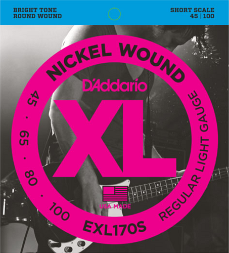 D'addario Nickel Wound, Light, Short Scale, 45-100 Bass Guitar Strings EXL170S - Poppa's Music 