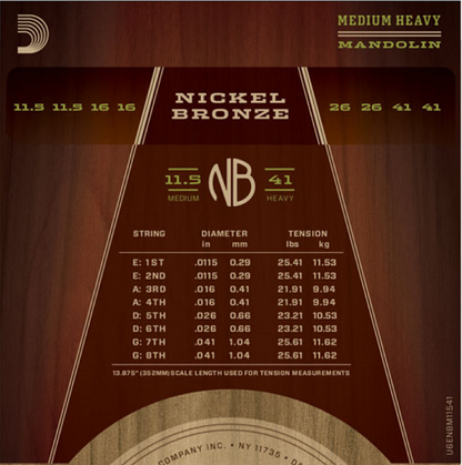 D'addario Nickel Bronze, Medium-Heavy, 11.5-41 Mandolin Strings - Poppa's Music 