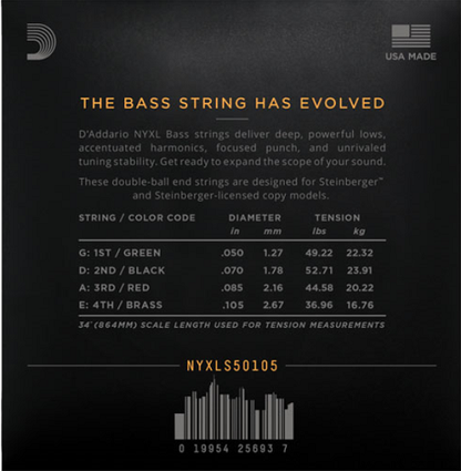 D'addario NYXL, Long Scale, Medium, Double Ball END, 50-105 Bass Guitar Strings - Poppa's Music 
