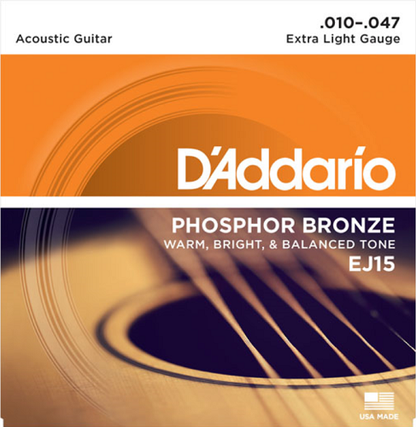 D'addario Phosphor Bronze, Extra Light, 10-47 Acoustic Guitar Strings - EJ15 - Poppa's Music 