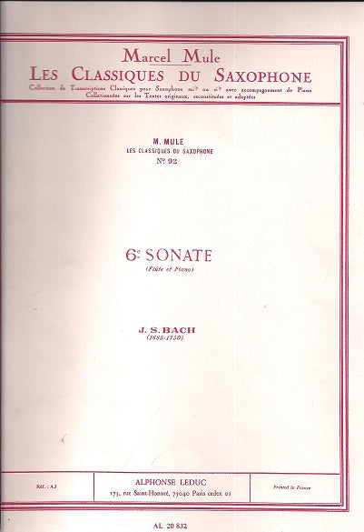 Classique Saxophone Mib No.92 Sonate No.6 (Flute) by Johann Sebastian Bach, Arranged by Marcel Mule - 524-01819 - Poppa's Music 