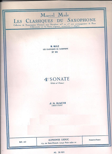 Classique Saxophone Mib No.91 Sonate No.4 (Flute) by Johann Sebastian Bach, Arranged by Marcel Mule 524-01817 - Poppa's Music 