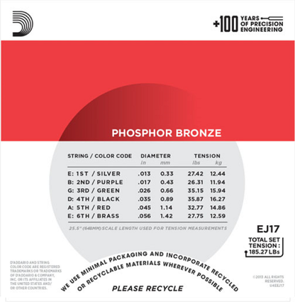 D'addario Phosphor Bronze, Medium, 13-56 Acoustic Guitar Strings - EJ17 - Poppa's Music 