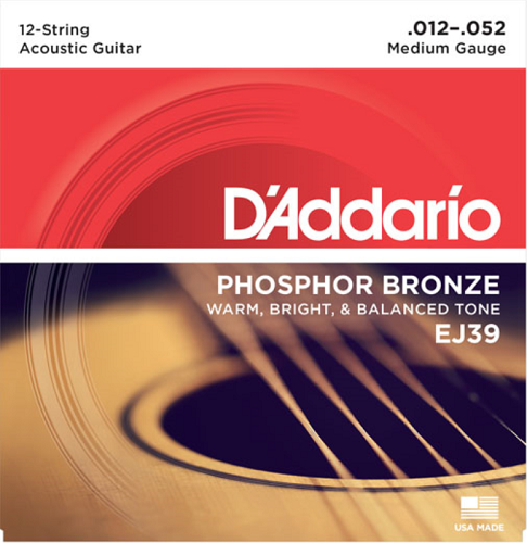 D'addario Phosphor Bronze, 12-String, Medium, 12-52 Acoustic Guitar Strings EJ39 - Poppa's Music 